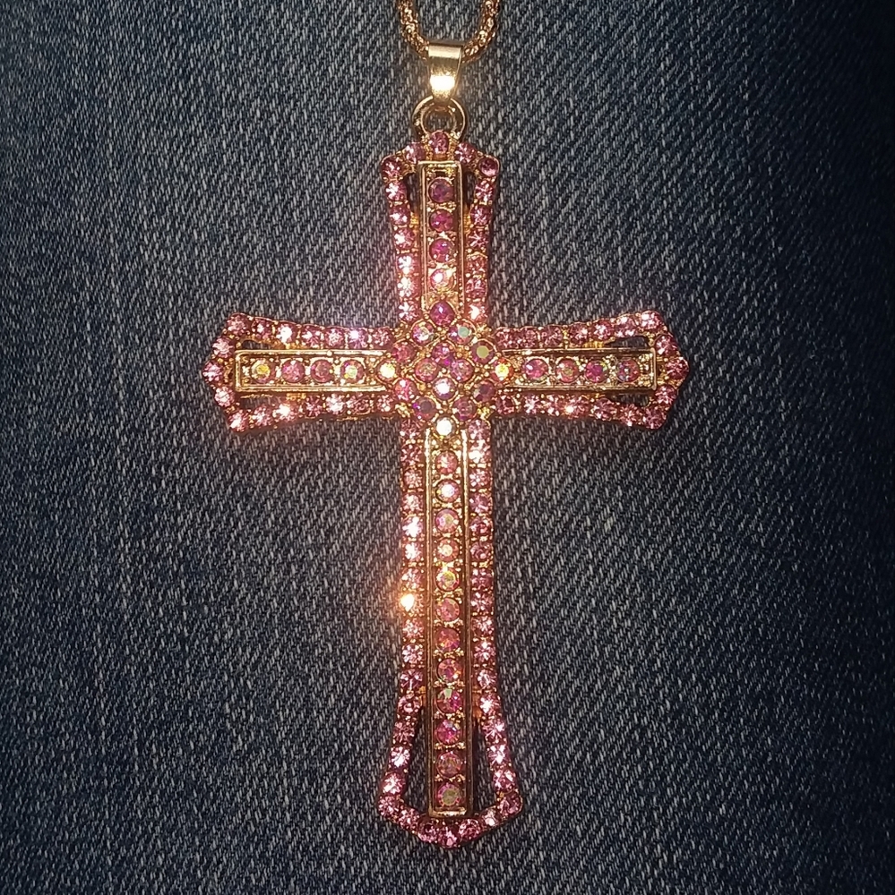 ❤ Nice! Pink & Iridescent Cross Charm/Free Chain💎 - Picture 3 of 12